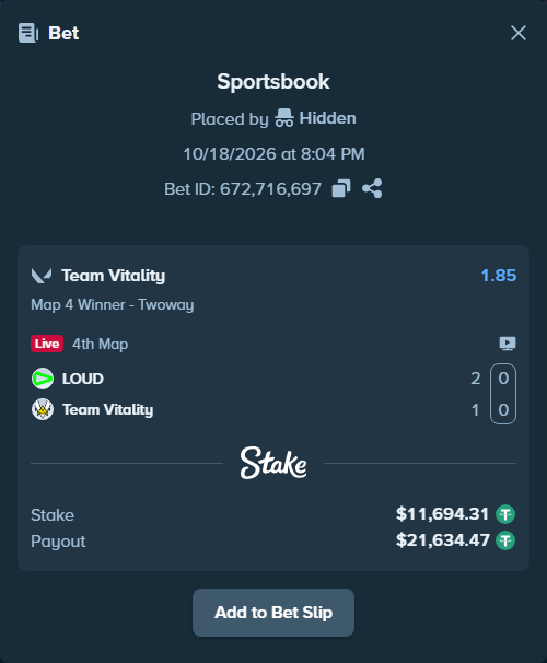 Bet slip: LOUD - Team Vitality, $11,706.00 stake at 1.85 odds, placed by Hidden