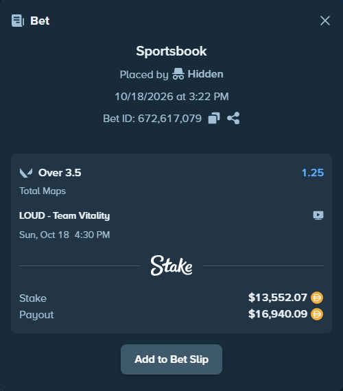 Bet slip: LOUD - Team Vitality, $13,552.07 stake at 1.25 odds, placed by dhfgsghsd
