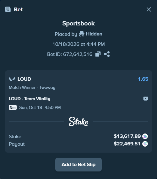 Bet slip: LOUD - Team Vitality, $13,553.10 stake at 1.65 odds, placed by Hidden