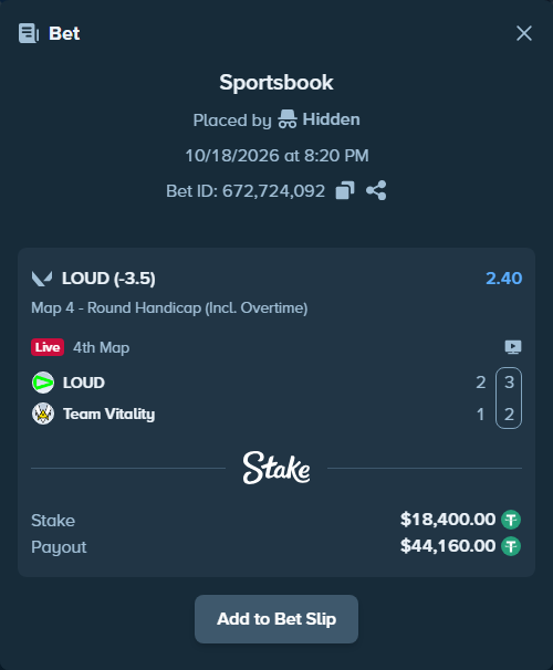 Bet slip: LOUD - Team Vitality, $18,418.40 stake at 2.40 odds, placed by Hidden