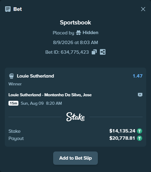 Bet slip: Louie Sutherland - Montanha Da Silva, Jose, $14,149.38 stake at 1.47 odds, placed by Hidden
