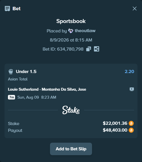 Bet slip: Louie Sutherland - Montanha Da Silva, Jose, $21,994.90 stake at 2.20 odds, placed by theoutlaw