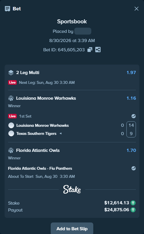 Bet slip: Louisiana Monroe Warhawks - Texas Southern Tigers, $12,614.13 stake at 1.16 odds, placed by Sangeeta021