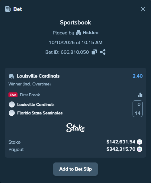 Bet slip: Louisville Cardinals - Florida State Seminoles, $143,579.64 stake at 2.40 odds, placed by Prettylfacko98