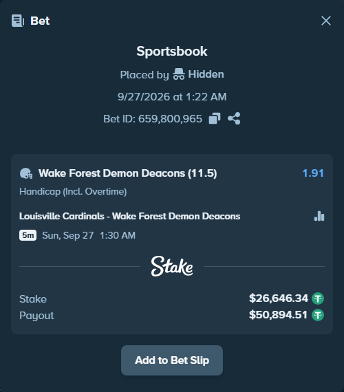 Bet slip: Louisville Cardinals - Wake Forest Demon Deacons, $26,646.34 stake at 1.91 odds, placed by dvento