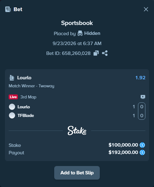 Bet slip: Lourlo - TFBlade, $100,000.00 stake at 1.92 odds, placed by Hidden