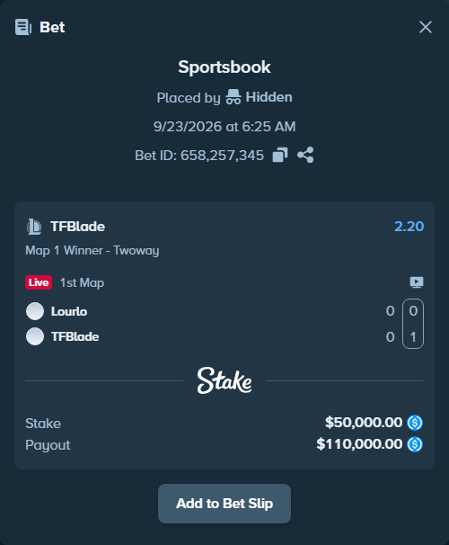 Bet slip: Lourlo - TFBlade, $50,000.00 stake at 2.20 odds, placed by Hidden