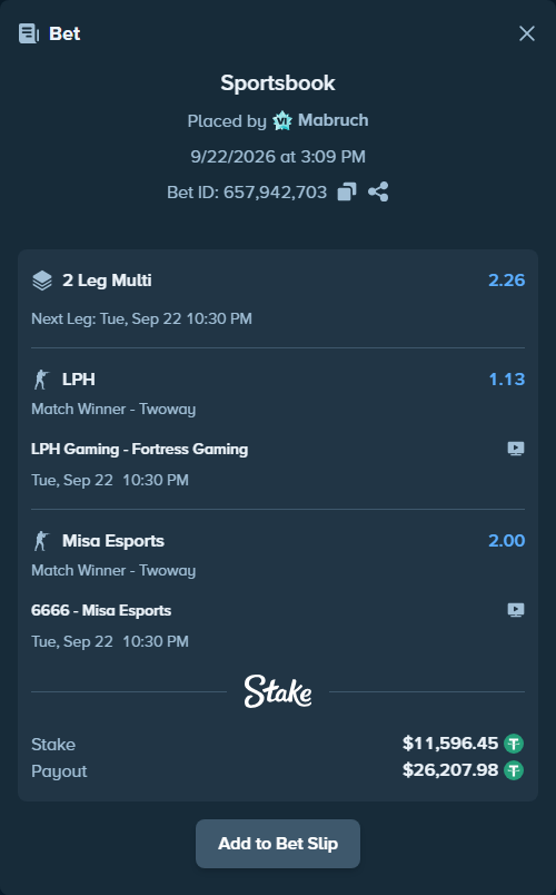 Bet slip: LPH - Fortress Gaming, $11,596.45 stake at 1.13 odds, placed by Mabruch