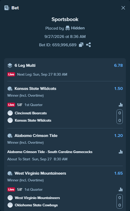Bet slip: LSU Tigers - Texas A&M Aggies, $10,049.00 stake at 1.28 odds, placed by Hidden