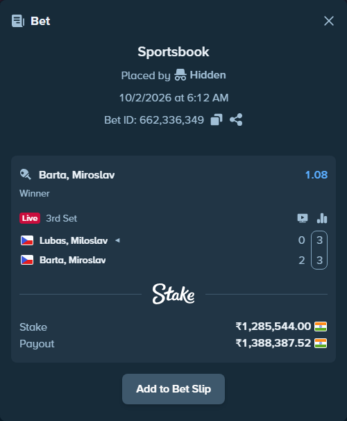 Bet slip: Lubas, Miloslav - Barta, Miroslav, $15,426.53 stake at 1.08 odds, placed by shiiivaniii