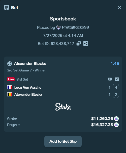 Bet slip: Luca Van Assche - Alexander Blockx, $10,866.80 stake at 1.45 odds, placed by Prettylfacko98