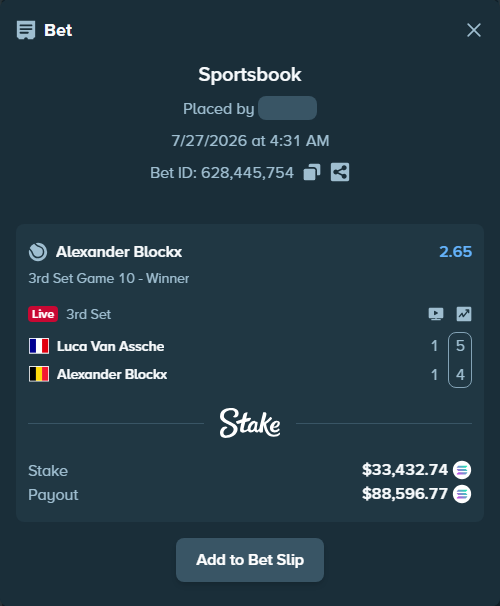 Bet slip: Luca Van Assche - Alexander Blockx, $32,240.23 stake at 2.65 odds, placed by Prettylfacko98