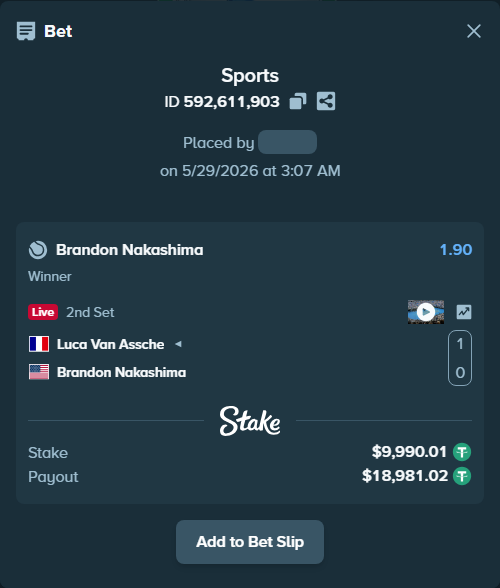 Bet slip: Luca Van Assche - Brandon Nakashima, $10,000.00 stake at 1.90 odds, placed by fadennesaroush