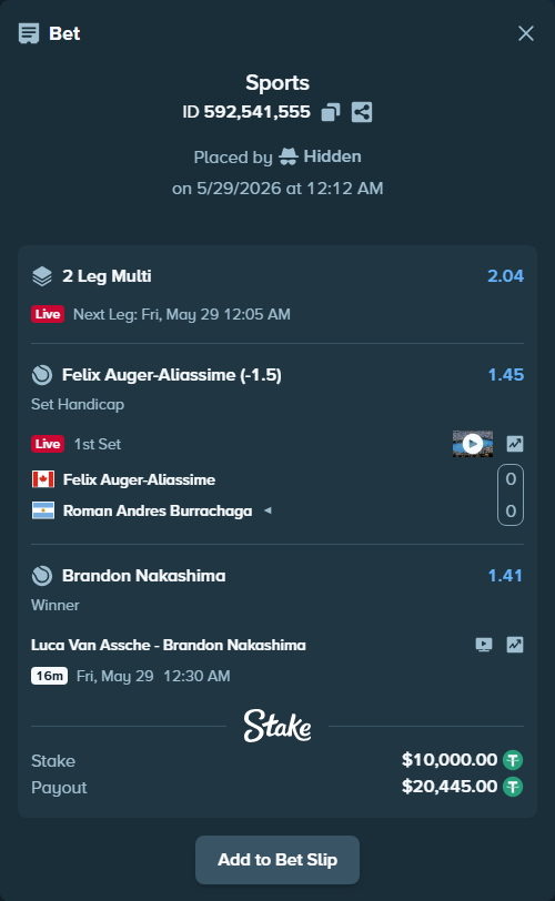 Bet slip: Luca Van Assche - Brandon Nakashima, $10,020.00 stake at 1.41 odds, placed by Hidden