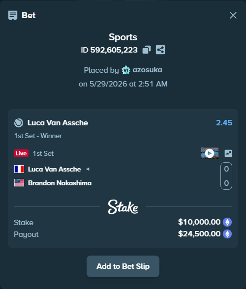 Bet slip: Luca Van Assche - Brandon Nakashima, $8,640.38 stake at 2.45 odds, placed by azosuka