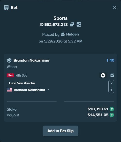 Bet slip: Luca Van Assche - Brandon Nakashima, $10,404.00 stake at 1.40 odds, placed by Hidden