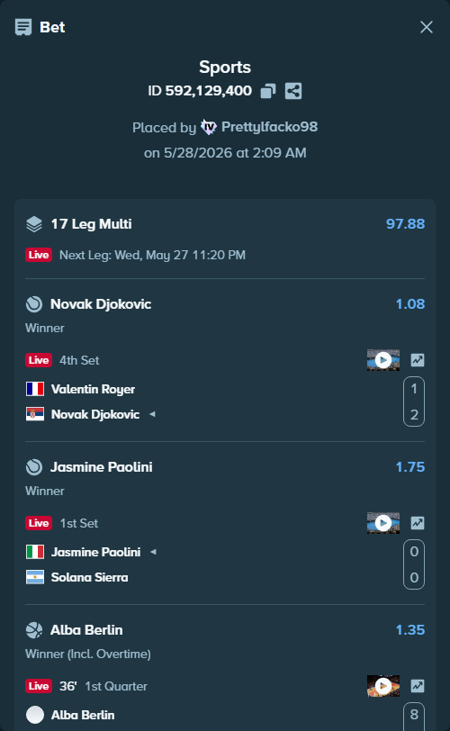 Bet slip: Luca Van Assche - Brandon Nakashima, $10,004.64 stake at 1.40 odds, placed by Prettylfacko98