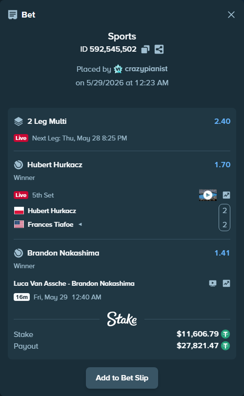 Bet slip: Luca Van Assche - Brandon Nakashima, $11,630.00 stake at 1.41 odds, placed by crazypianist