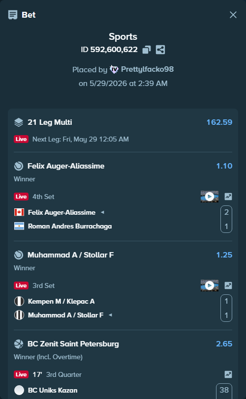 Bet slip: Luca Van Assche - Brandon Nakashima, $10,590.58 stake at 1.35 odds, placed by Prettylfacko98
