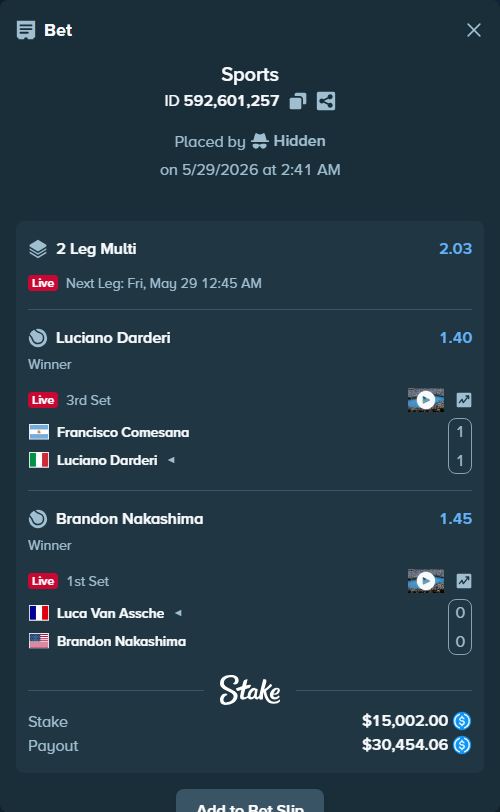 Bet slip: Luca Van Assche - Brandon Nakashima, $15,002.00 stake at 1.45 odds, placed by Hidden
