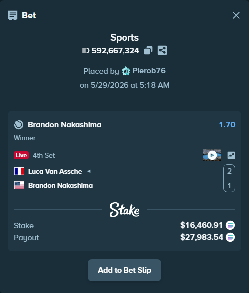 Bet slip: Luca Van Assche - Brandon Nakashima, $14,682.00 stake at 1.70 odds, placed by Pierob76
