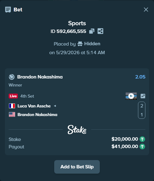 Bet slip: Luca Van Assche - Brandon Nakashima, $20,020.00 stake at 2.05 odds, placed by Hidden
