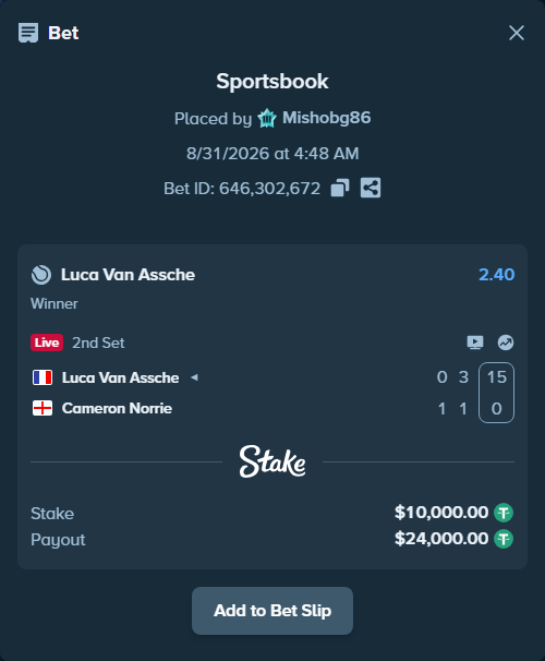 Bet slip: Luca Van Assche - Cameron Norrie, $10,000.00 stake at 2.40 odds, placed by Mishobg86