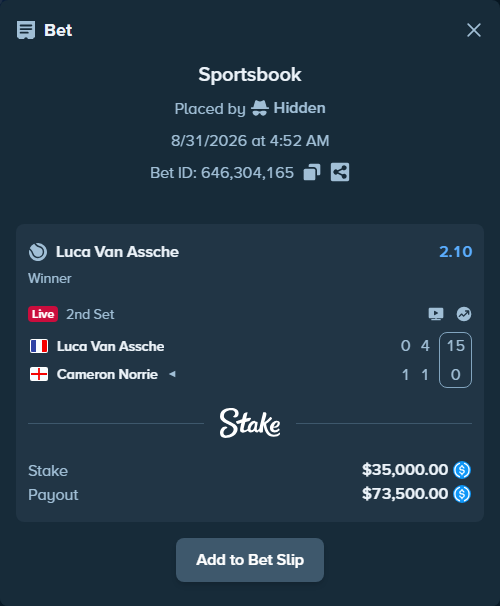 Bet slip: Luca Van Assche - Cameron Norrie, $35,000.00 stake at 2.10 odds, placed by Hidden