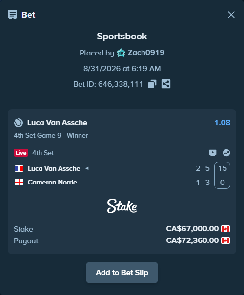 Bet slip: Luca Van Assche - Cameron Norrie, $49,580.00 stake at 1.08 odds, placed by Zach0919