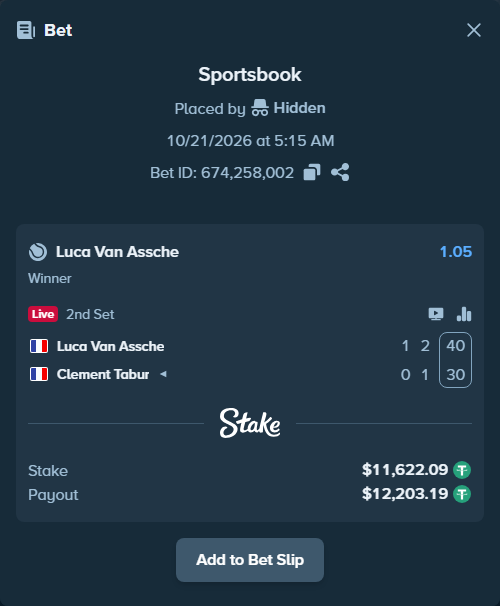 Bet slip: Luca Van Assche - Clement Tabur, $11,633.71 stake at 1.05 odds, placed by Hidden