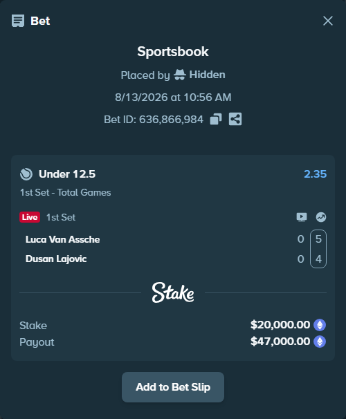 Bet slip: Luca Van Assche - Dusan Lajovic, $19,914.61 stake at 2.35 odds, placed by Hidden