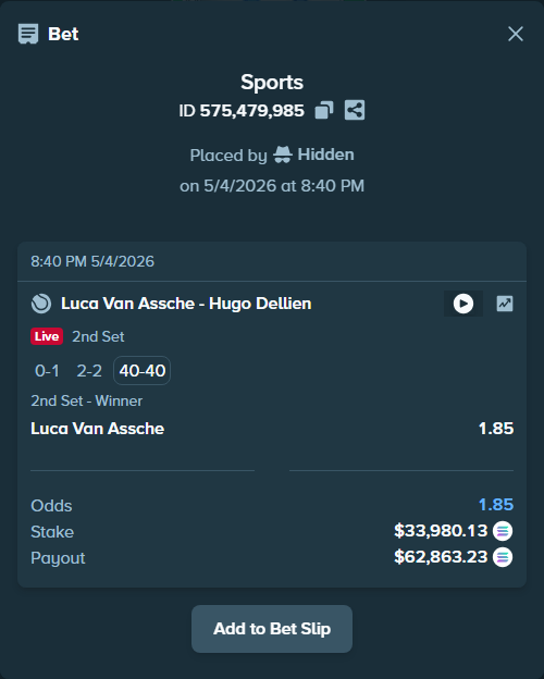 Bet slip: Luca Van Assche - Hugo Dellien, $29,703.82 stake at 1.85 odds, placed by Prettylfacko98
