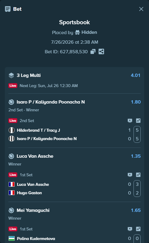 Bet slip: Luca Van Assche - Hugo Gaston, $10,000.00 stake at 1.35 odds, placed by Hidden