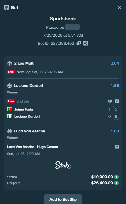 Bet slip: Luca Van Assche - Hugo Gaston, $10,010.00 stake at 1.60 odds, placed by Smb8687