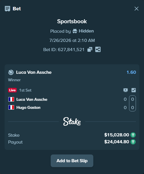 Bet slip: Luca Van Assche - Hugo Gaston, $15,028.00 stake at 1.60 odds, placed by Hidden