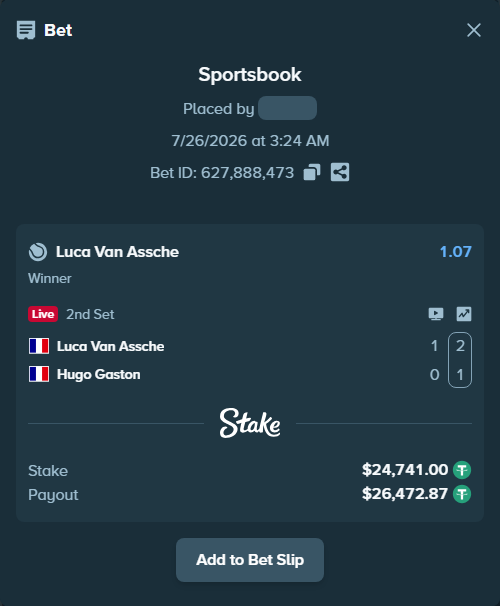 Bet slip: Luca Van Assche - Hugo Gaston, $24,741.00 stake at 1.07 odds, placed by antoniku