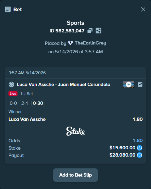 Bet slip: Luca Van Assche - Juan Manuel Cerundolo, $15,600.00 stake at 1.80 odds, placed by TheEarlinGrey