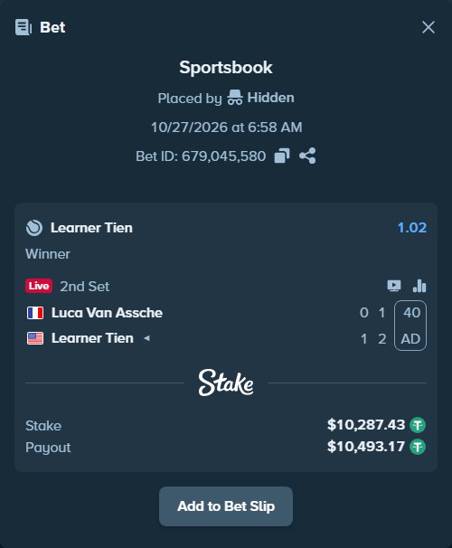 Bet slip: Luca Van Assche - Learner Tien, $10,308.00 stake at 1.02 odds, placed by Hidden