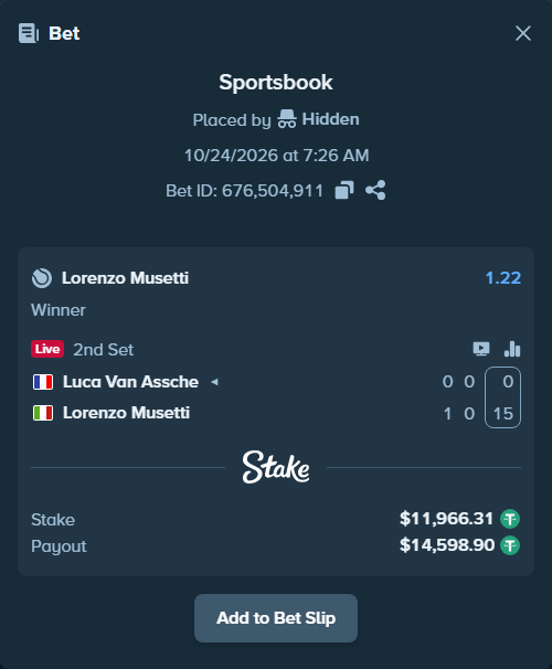 Bet slip: Luca Van Assche - Lorenzo Musetti, $11,978.28 stake at 1.22 odds, placed by Hidden