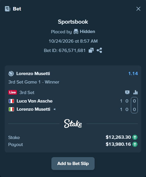Bet slip: Luca Van Assche - Lorenzo Musetti, $12,275.57 stake at 1.14 odds, placed by Hidden