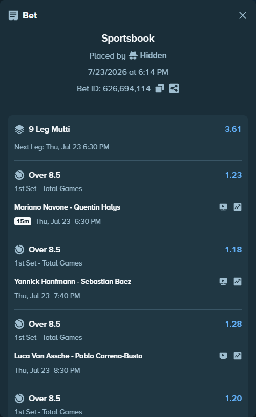 Bet slip: Luca Van Assche - Pablo Carreno-Busta, $125,125.00 stake at 1.28 odds, placed by Hidden