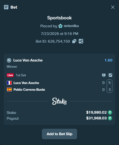 Bet slip: Luca Van Assche - Pablo Carreno-Busta, $20,000.00 stake at 1.60 odds, placed by antoniku