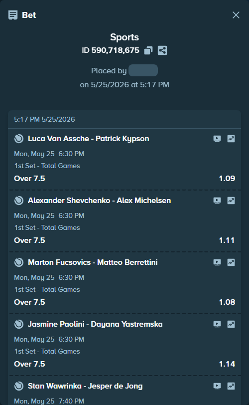 Bet slip: Luca Van Assche - Patrick Kypson, $100,000.00 stake at 1.09 odds, placed by Azuulu
