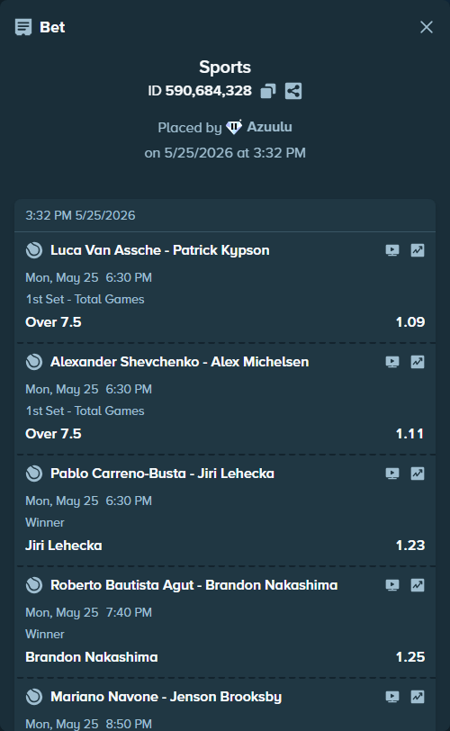 Bet slip: Luca Van Assche - Patrick Kypson, $60,967.49 stake at 1.09 odds, placed by Azuulu
