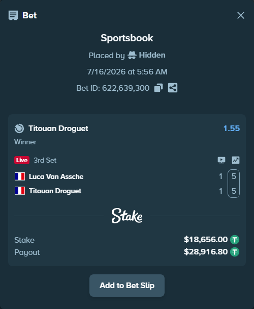 Bet slip: Luca Van Assche - Titouan Droguet, $18,656.00 stake at 1.55 odds, placed by Hidden