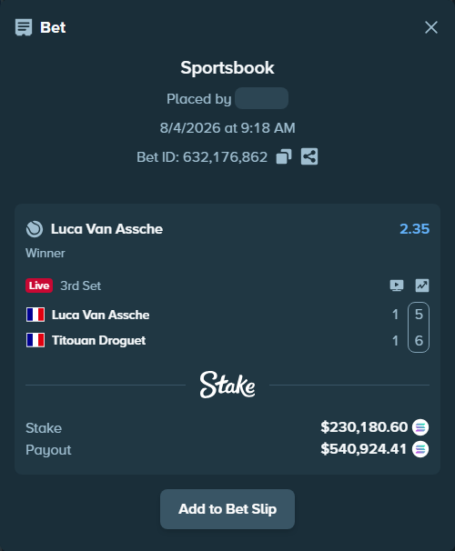 Bet slip: Luca Van Assche - Titouan Droguet, $227,992.07 stake at 2.35 odds, placed by Prettylfacko98