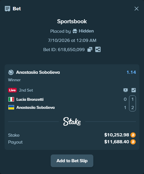 Bet slip: Lucia Bronzetti - Anastasiia Sobolieva, $10,506.04 stake at 1.14 odds, placed by Hidden