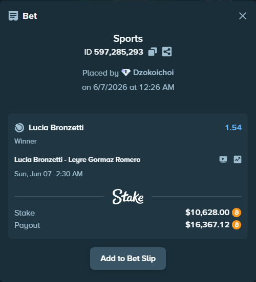 Bet slip: Lucia Bronzetti - Leyre Gormaz Romero, $11,219.50 stake at 1.54 odds, placed by Dzokoichoi