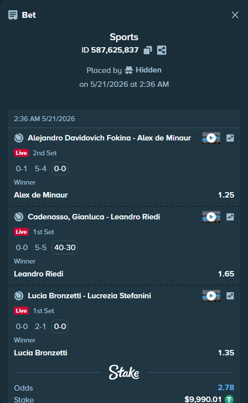 Bet slip: Lucia Bronzetti - Lucrezia Stefanini, $10,000.00 stake at 1.35 odds, placed by Hidden