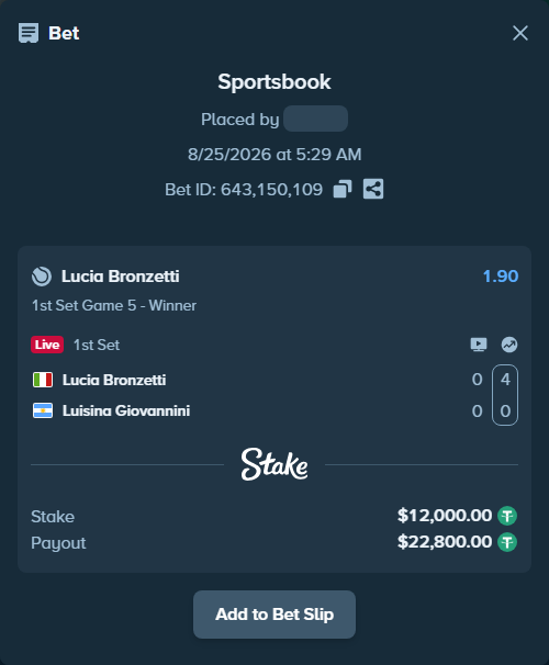 Bet slip: Lucia Bronzetti - Luisina Giovannini, $12,000.00 stake at 1.90 odds, placed by Zubkov1